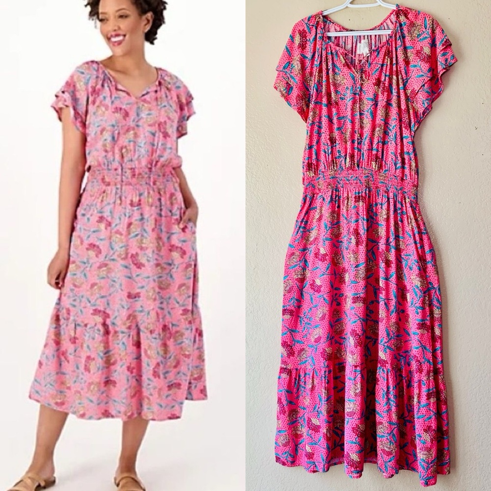 Destination 365 Floral Smocked Tie Front CottageCore Boho Maxi Dress Size M